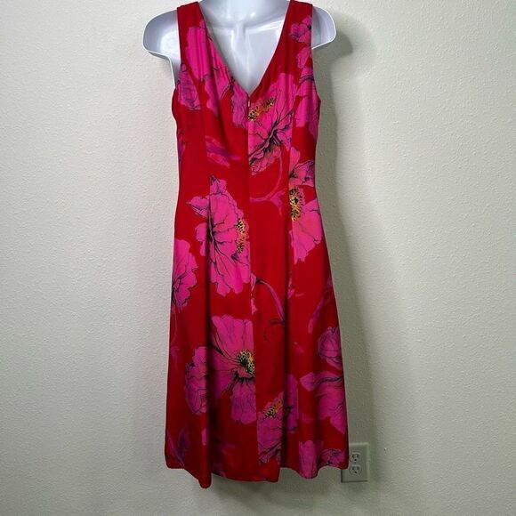 J Peterman Red Floral V Neck Sleeveless Midi Dress Women’s Size 4 - Picture 6 of 15